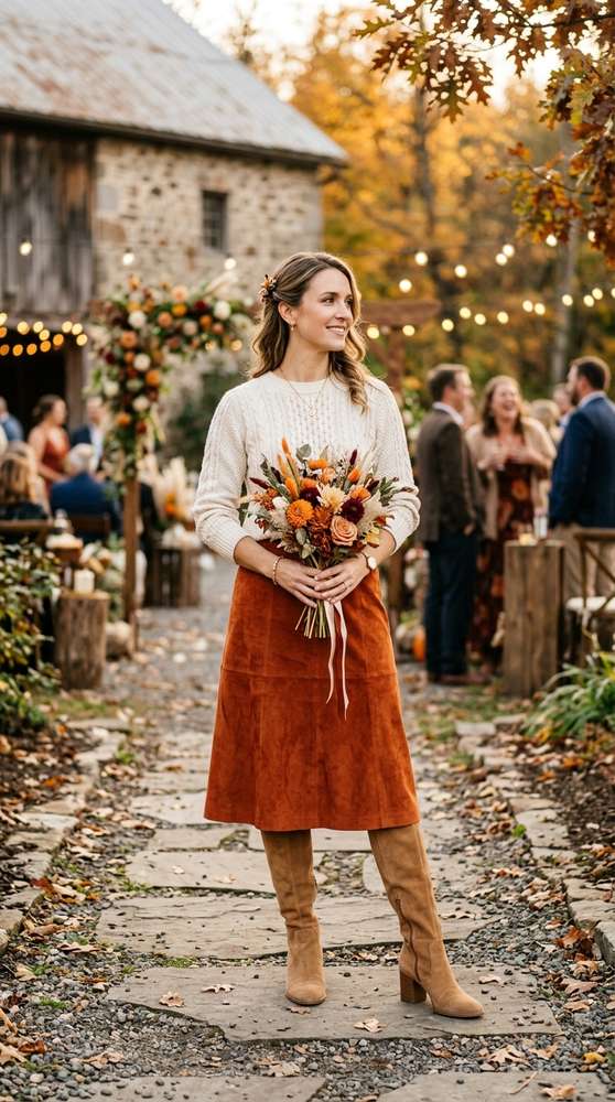 Woman in tan knee-high boots with a suede midi skirt and knit top at a rustic fall wedding