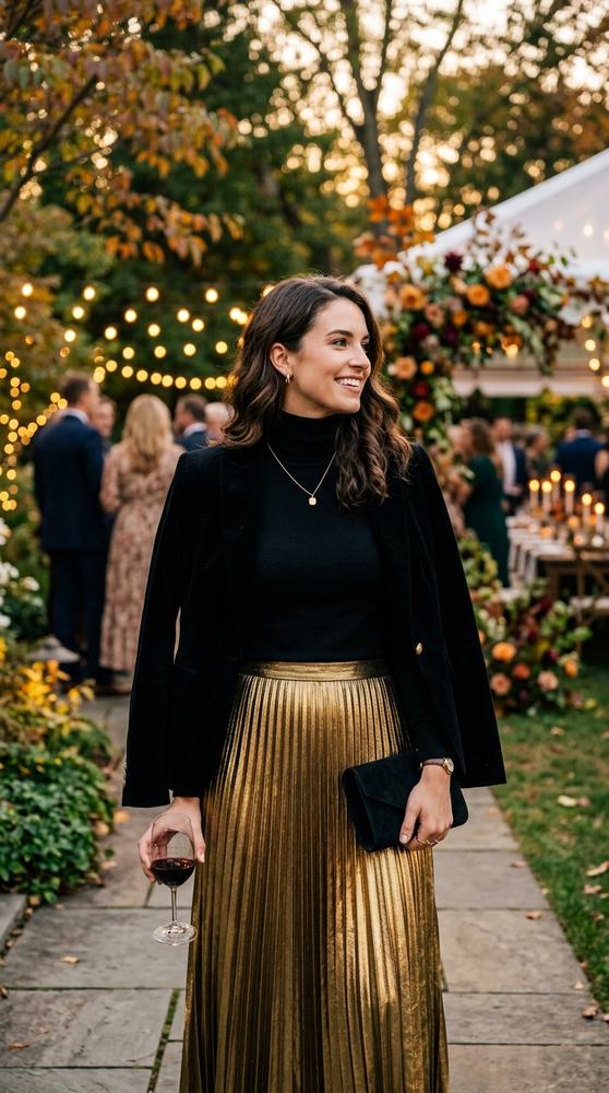 Woman in a black turtleneck with a gold metallic pleated skirt at an evening fall wedding