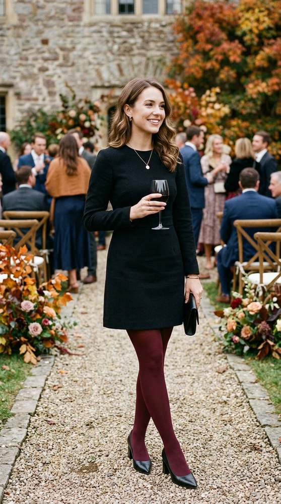 Woman in a black mini dress with wine-colored tights and heels at a chic fall wedding
