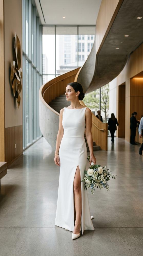 A bride in a clean white column wedding dress with a high slit in a modern courthouse lobby