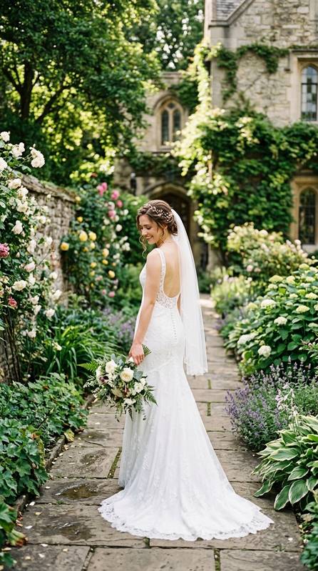 A bride in a white sleeveless fit-and-flare wedding dress with a scoop back in a courthouse garden