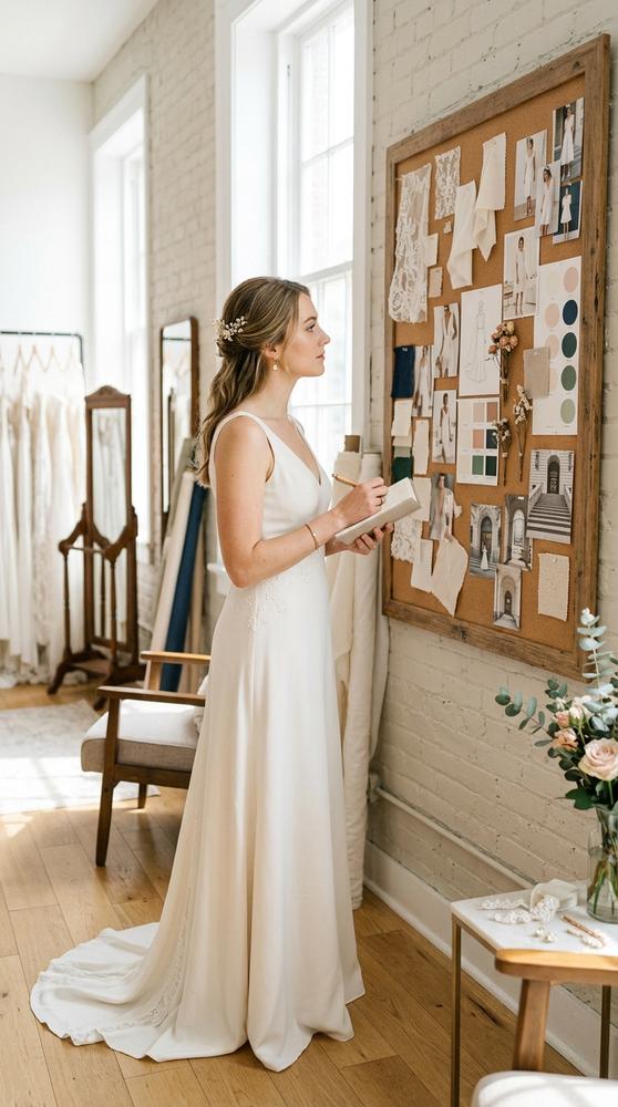 A bride in a simple ivory wedding dress looking at a mood board of courthouse dress ideas in a bright bridal studio