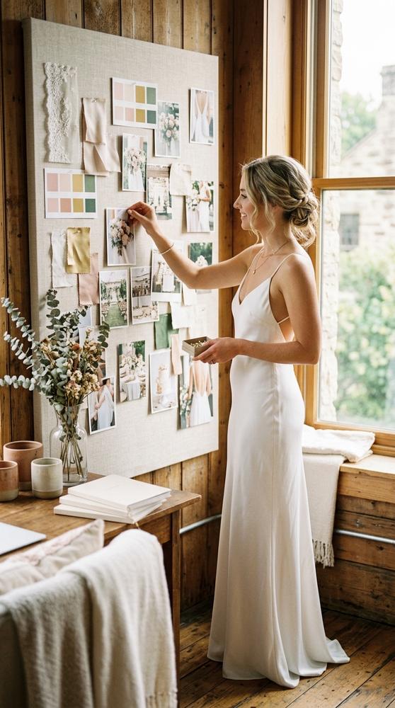 A bride in a white slip wedding dress pinning inspiration photos to a board in a sunlit room