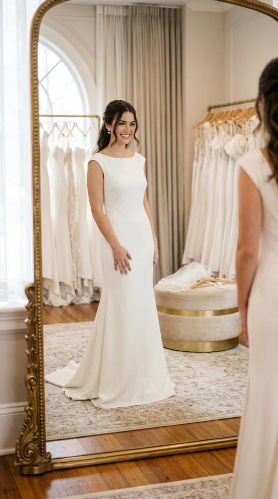 A bride trying on a simple ivory sheath wedding dress in a bridal boutique mirror, soft light