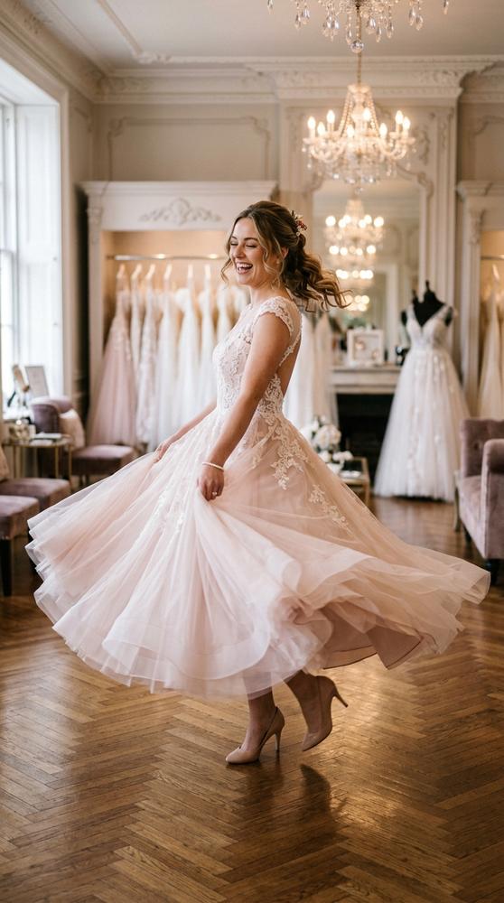 A bride in a blush tea-length wedding dress with a full skirt twirling in a boutique, joyful movement