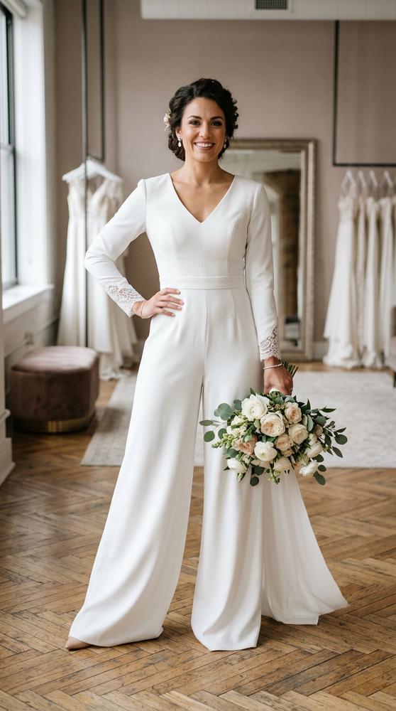 A bride in a white jumpsuit with wide legs posing confidently in a bridal studio