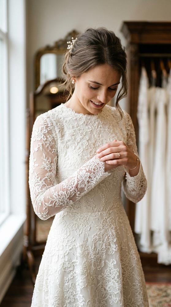 A bride in an ivory lace midi wedding dress with long sleeves examining the lace detail closely