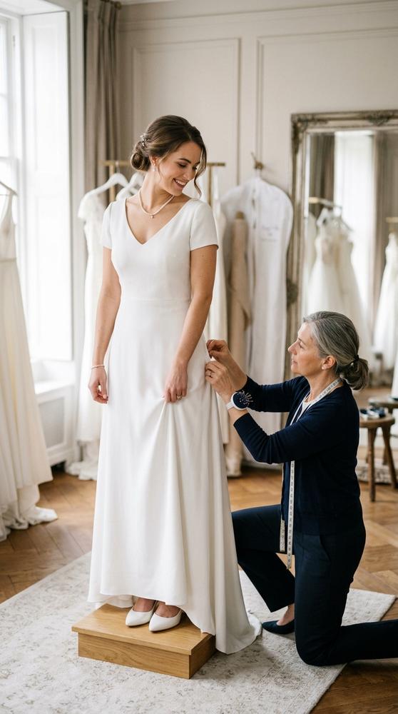 A bride in a simple white wedding dress having it pinned for alterations by a tailor