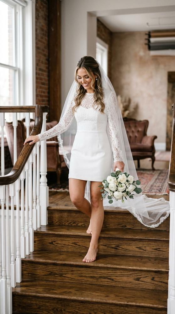 A bride in a white mini wedding dress with a veil doing a test walk on stairs in a studio