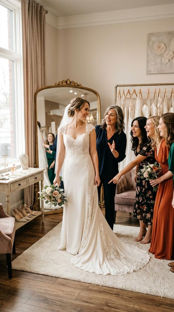 A bride in an ivory wedding dress with her mother and friends giving opinions in a boutique, warm candid moment