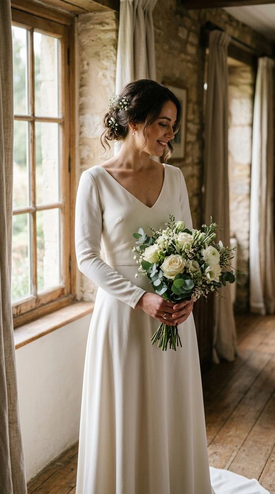 A bride in a simple ivory wedding dress photographed in natural window light, soft and honest