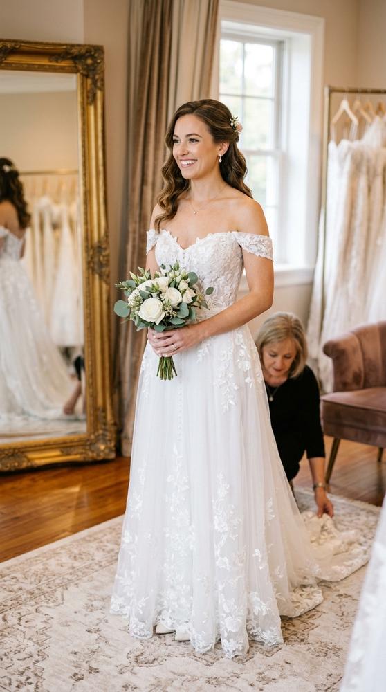 A bride in a white wedding dress with a small bouquet doing a final fitting, calm and happy