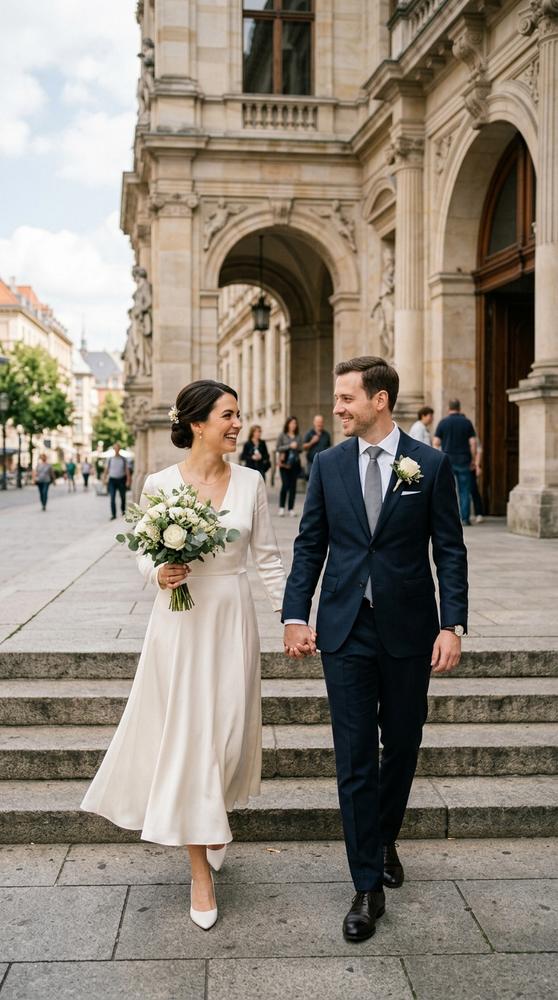 A bride in her chosen ivory courthouse wedding dress walking hand in hand with her partner toward city hall