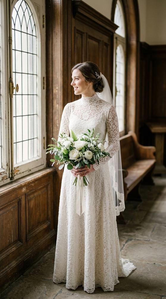 A bride in an ivory long-sleeve lace wedding dress with a high neckline in a vintage courthouse chapel