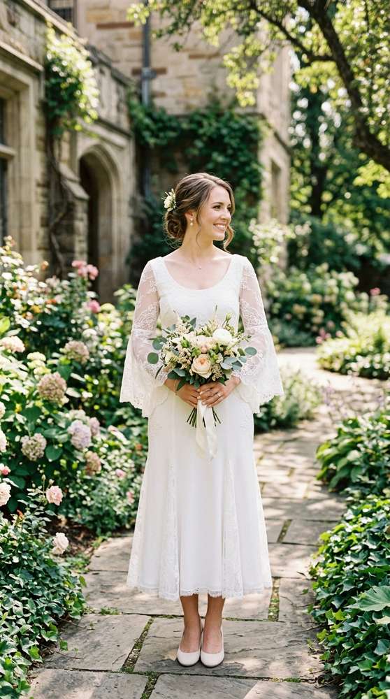 A bride in a white bell-sleeve tea-length wedding dress with a scoop neckline in a courthouse garden