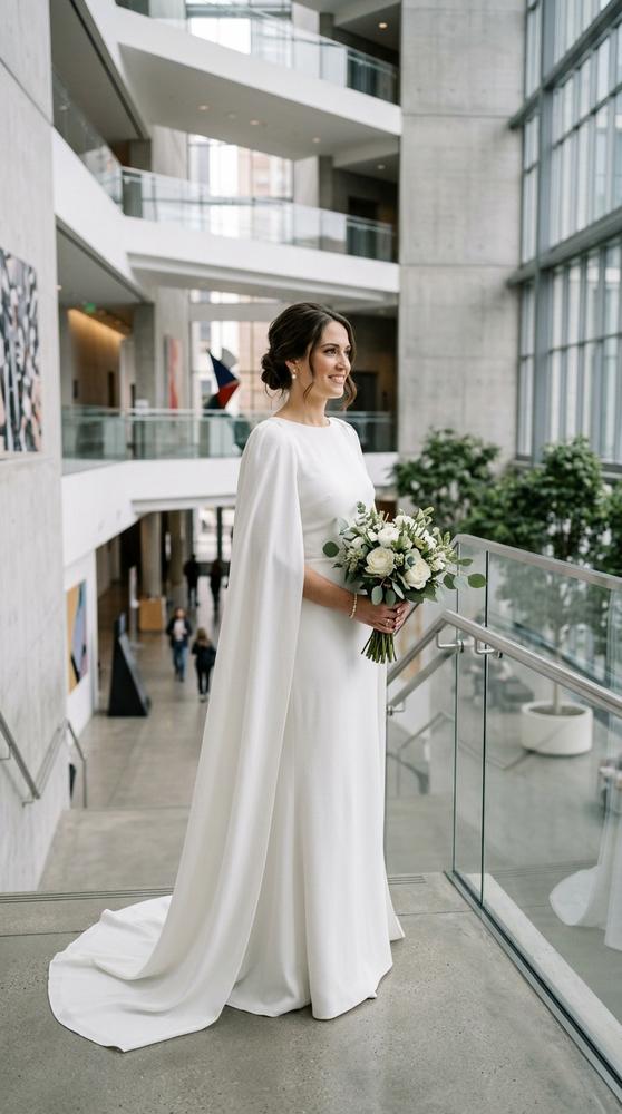 A bride in a white cape-sleeve wedding dress with flowing shoulder panels in a modern courthouse atrium
