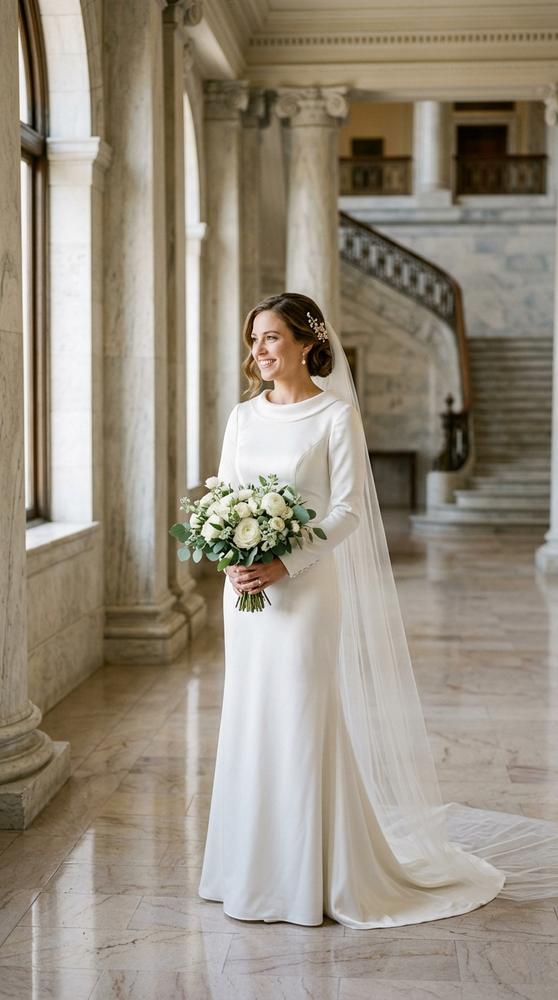 A bride in a white double-satin sheath wedding dress with a portrait collar in a marble courthouse interior