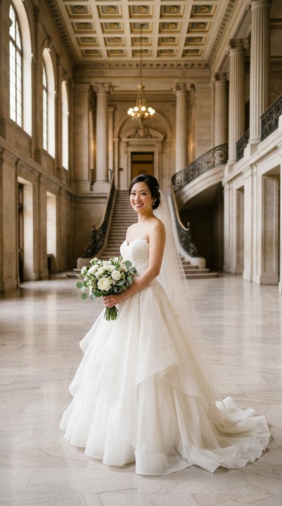 A bride in an ivory organza ballgown wedding dress with a strapless bodice in a grand courthouse hall
