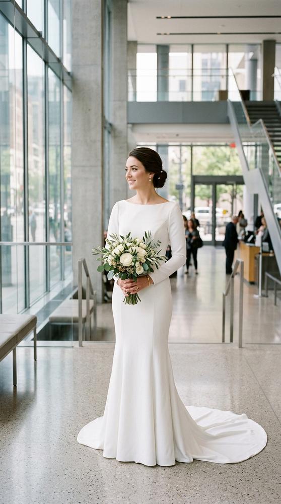 A bride in a white crepe mermaid wedding dress with a bateau neckline in a modern courthouse atrium