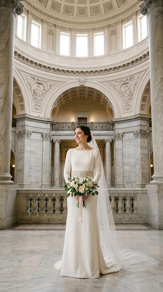 A bride in an ivory column wedding dress with a beaded waistband in a marble courthouse rotunda