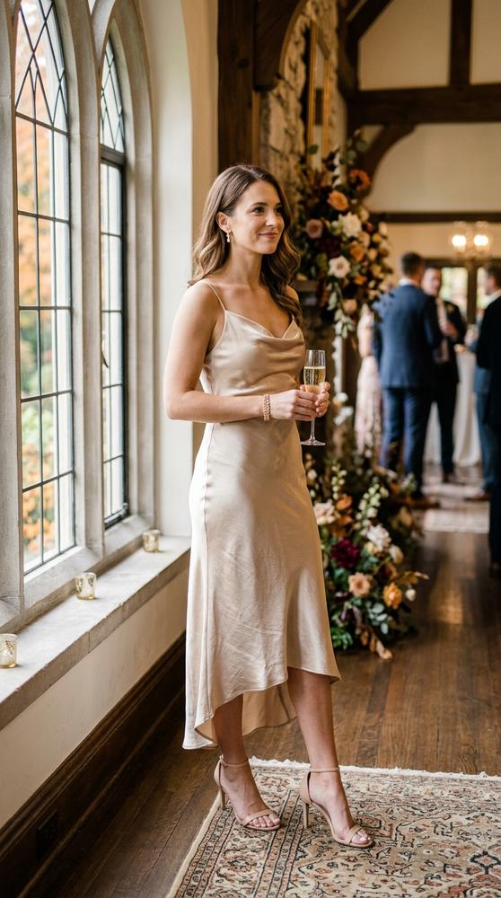 Guest in a champagne satin bias-cut midi dress with delicate heels, standing in soft window light at an elegant fall wedding