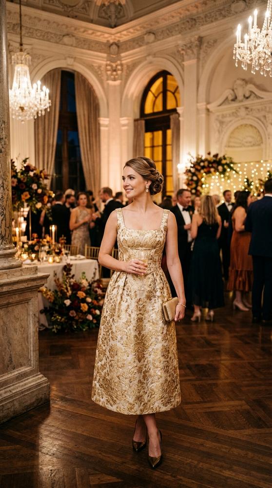 Guest in a gold brocade midi dress with an elegant updo, standing in a grand historic ballroom at a fall wedding