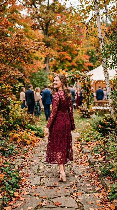 Guest in a burgundy lace midi dress with nude heels, walking through an autumn garden at a fall wedding