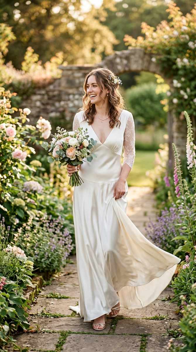 A soft charmeuse satin drop waist dress draping fluidly on a bride in a garden at golden hour, liquid shine and movement, por