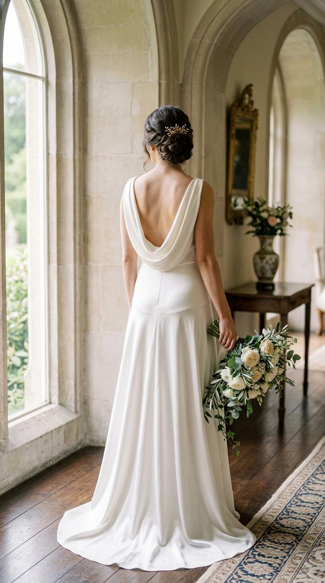 A bride wearing a satin drop waist gown with elegant cowl back detailing, photographed from behind in soft light, luxurious s