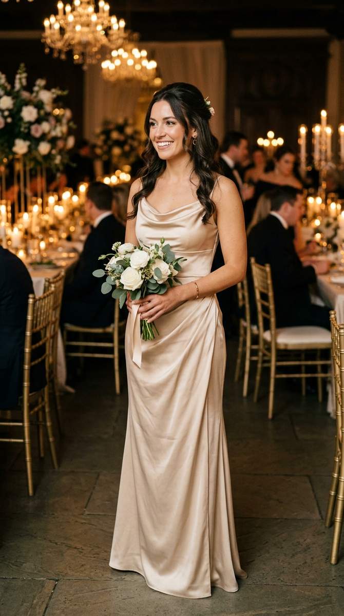 A champagne satin drop waist gown glowing warmly in candlelit reception, radiant and luxurious, festive elegant atmosphere, p
