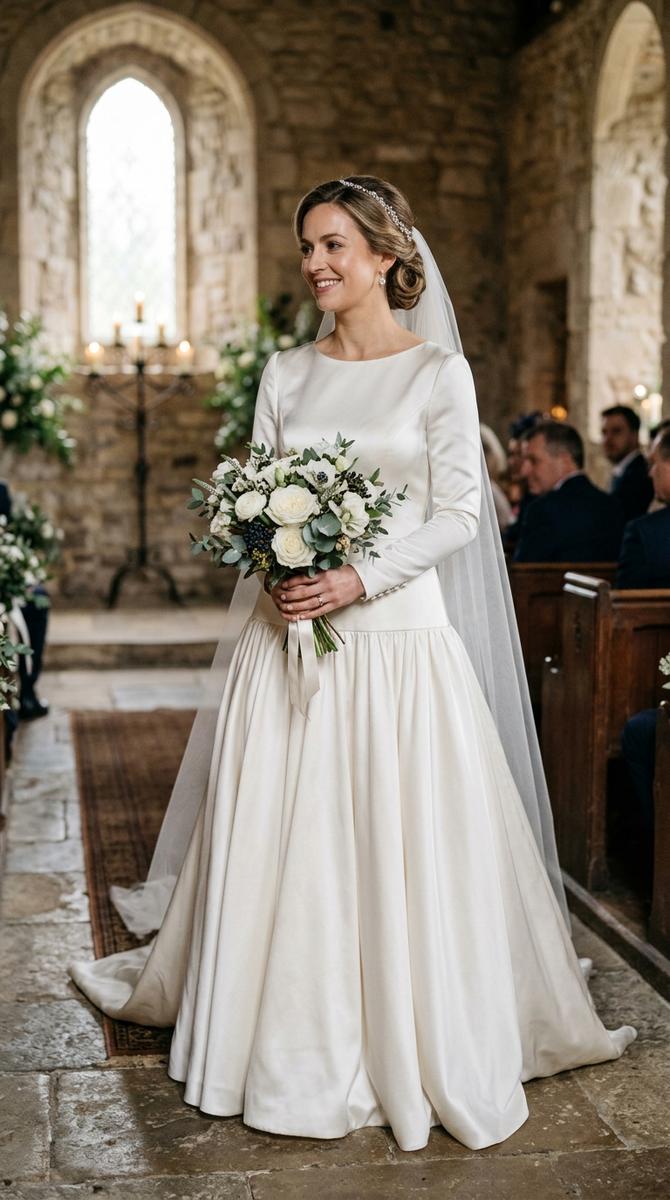 A satin drop waist gown with elegant long sleeves in matching satin, monochromatic sleek styling, sophisticated winter weddin