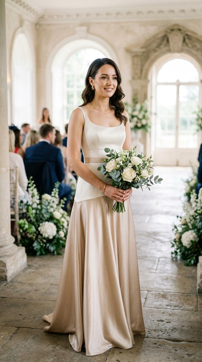 A two-tone satin drop waist gown with ivory bodice and champagne skirt, subtle elegant contrast, bright airy venue, portrait