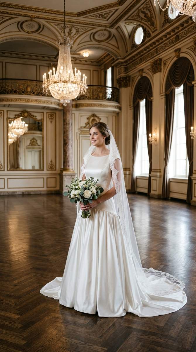 Full-length portrait of a bride in a lustrous satin drop waist gown in an elegant ballroom, sleek timeless grandeur, portrait