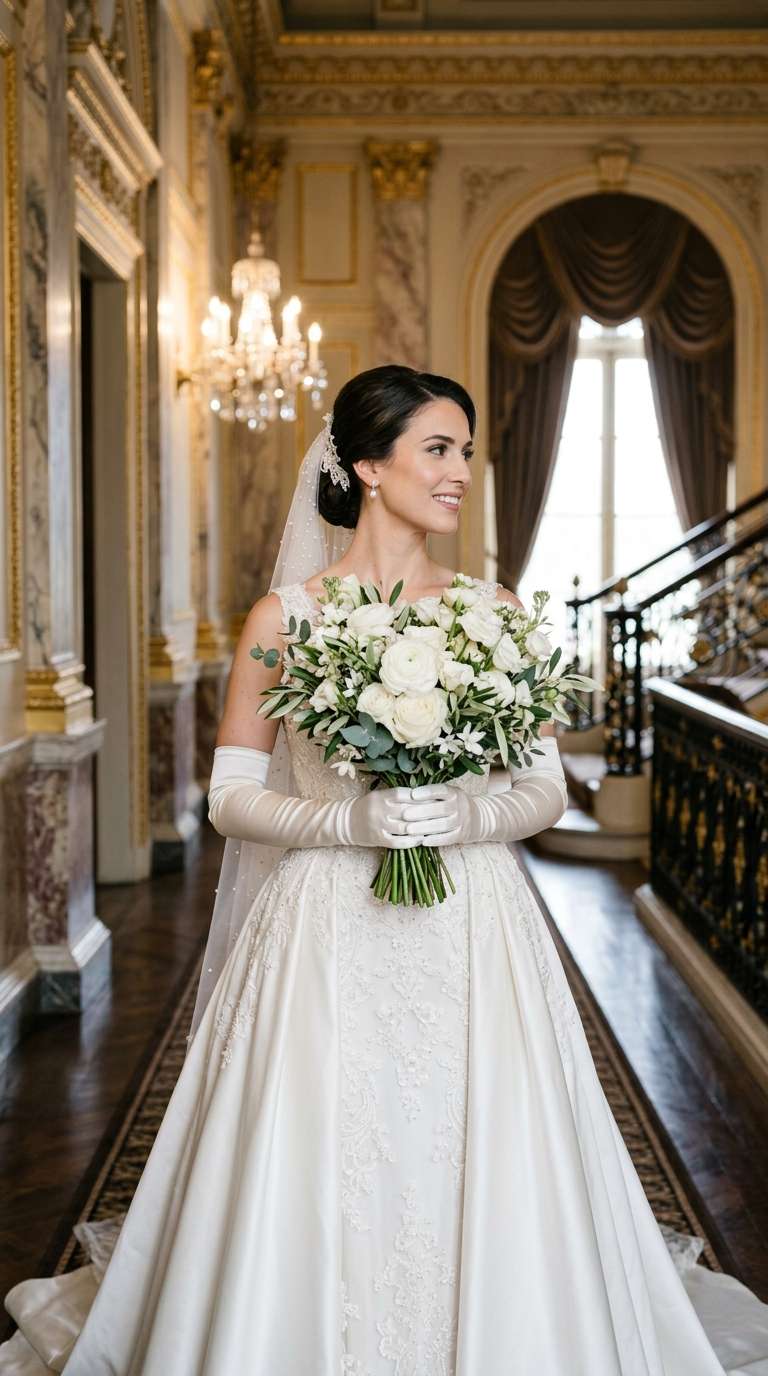 A bride wearing duchess satin gloves with a formal gown in a palace setting, regal elegance.