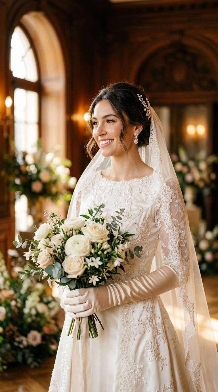 A bride wearing champagne satin gloves with an ivory gown, warm golden light.