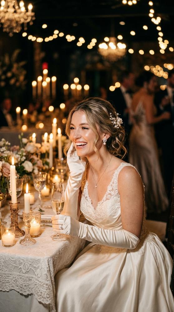 A bride wearing satin gloves at a candlelit evening reception, glowing elegance.