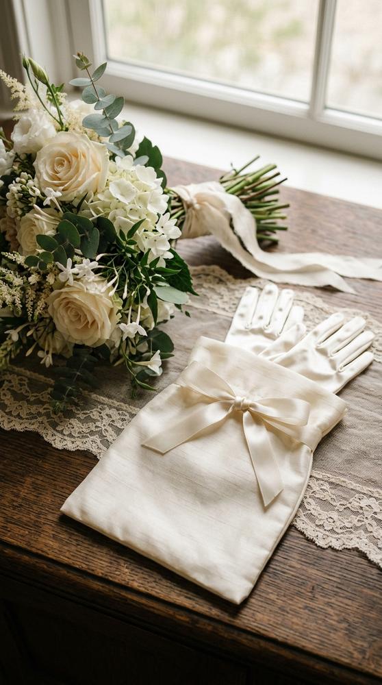 Satin wedding gloves stored carefully in a silk pouch with a bridal bouquet nearby.