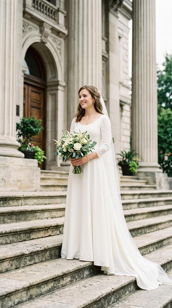 A bride in a classic ivory A-line wedding dress with a scoop neckline on historic courthouse steps