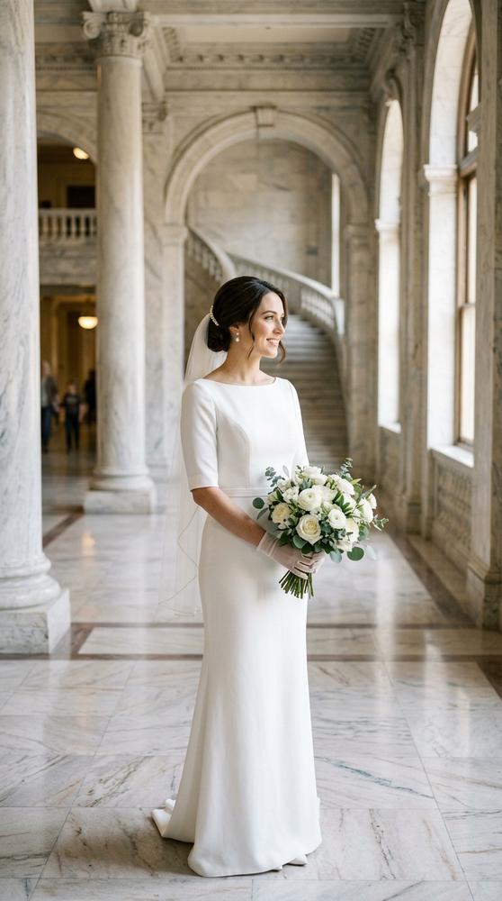A bride in a white bateau-neck sheath wedding dress with elbow-length sleeves in a marble courthouse