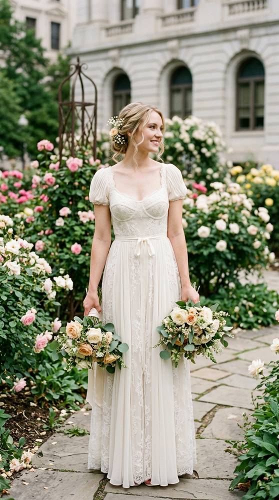 A bride in an ivory empire-waist wedding dress with short puff sleeves in a courthouse rose garden