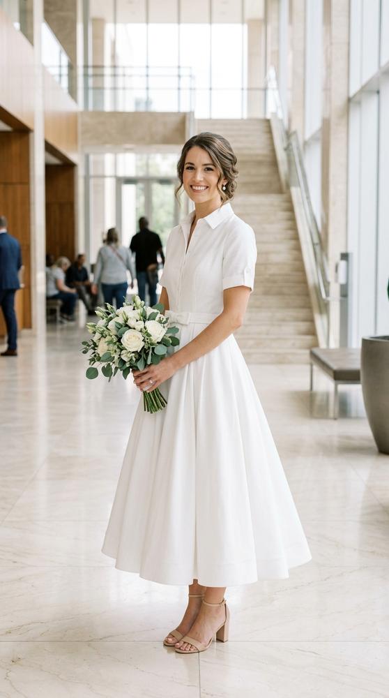 A bride in a white shirtwaist wedding dress with a full tea-length skirt in a bright courthouse lobby
