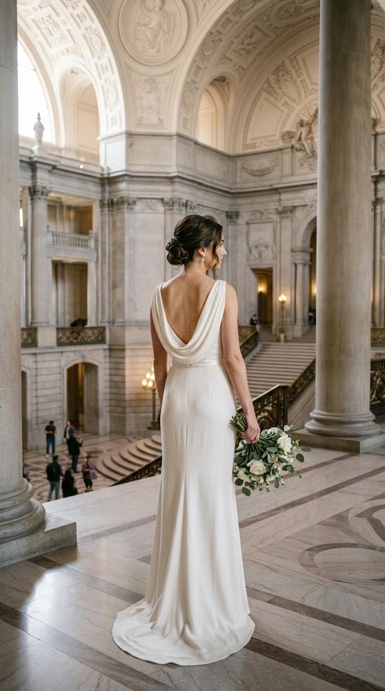 A bride in an ivory column wedding dress with a draped cowl back in a grand courthouse hall