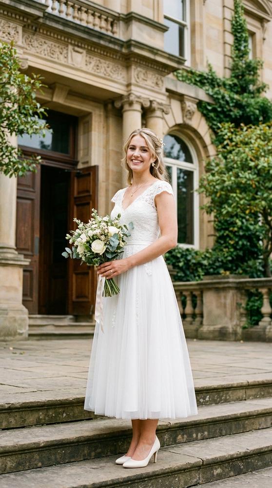 A bride in a white tea-length wedding dress with a fitted bodice and gathered skirt outside the courthouse
