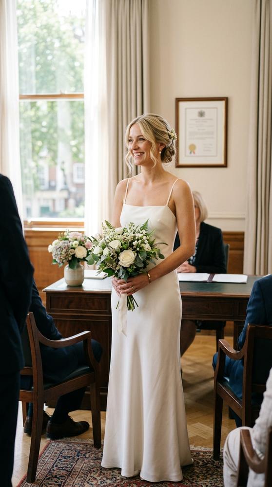 A bride in an ivory slip wedding dress with a square neckline in a sunlit civil ceremony office