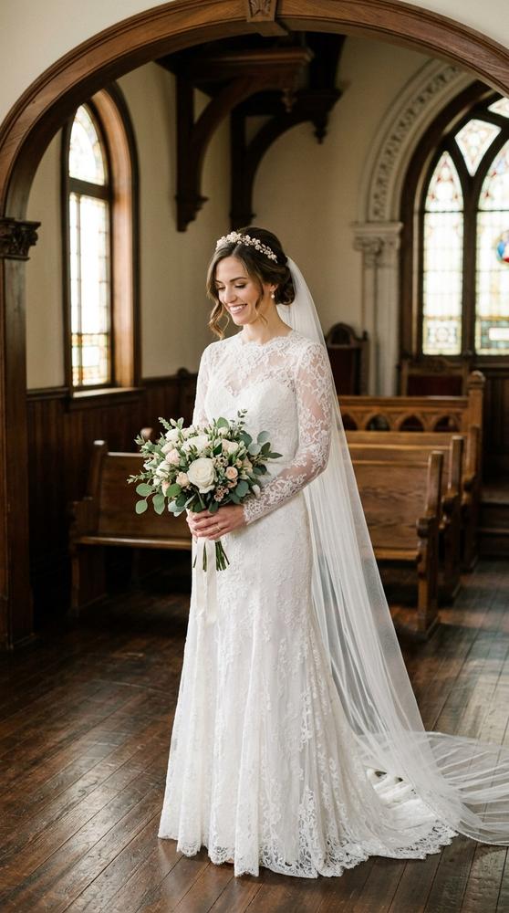A bride in a white long-sleeve lace wedding dress with a high neckline in a vintage courthouse chapel