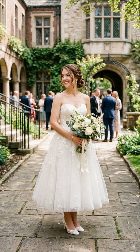 A bride in a white strapless sweetheart wedding dress with a tea-length skirt in a courthouse courtyard