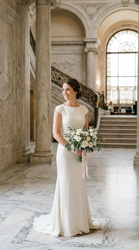 A bride in an ivory sheath wedding dress with a jewel neckline and cap sleeves in a marble courthouse interior