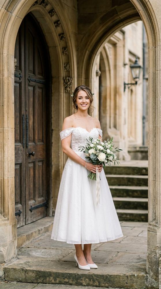 A bride in a white off-shoulder tea-length wedding dress with a fitted bodice in a historic courthouse doorway
