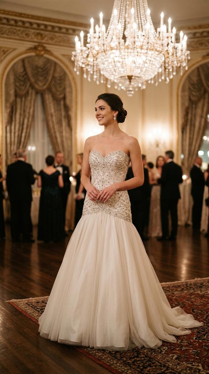 A strapless drop waist dress with sweetheart neckline and beaded bodice sparkling under chandelier light, luxurious ballroom 