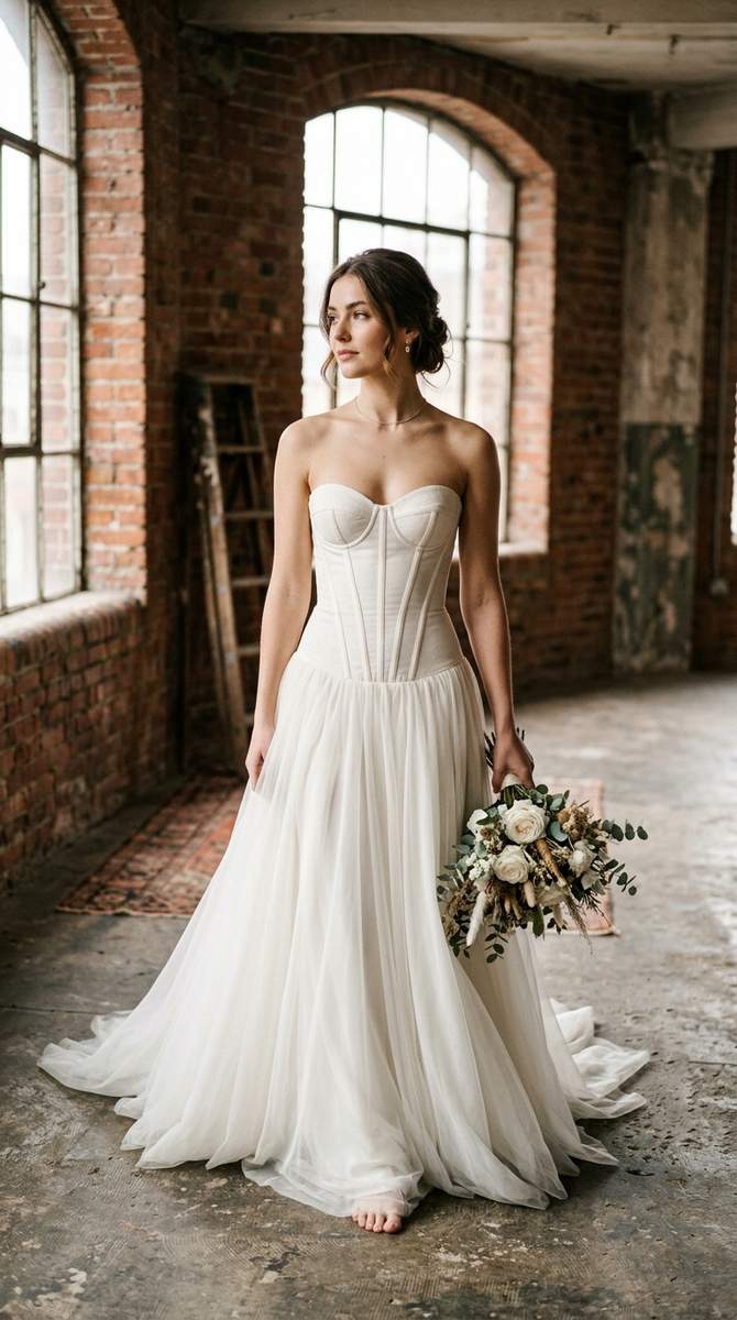 A strapless drop waist wedding dress with corset-style bodice and visible seaming, photographed in a chic industrial loft, ed